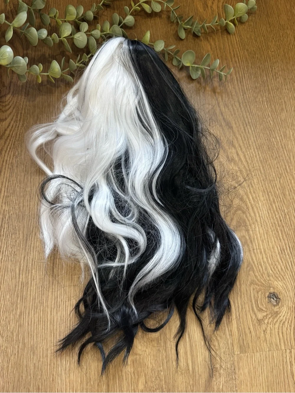 Cruella Inspired Black White Wig Long Wavy Halloween Costume